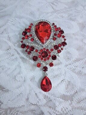 Crimson Teardrop Brooch Aurora Crystals Red Drops Silver Tone Pin